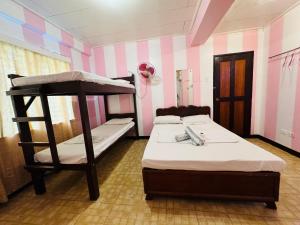 2 literas en una habitación con rayas rosas en Duchess Sophia's Pension en Puerto Princesa