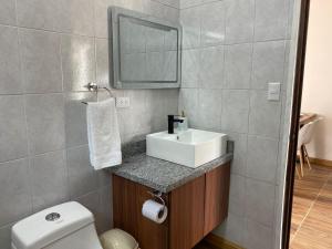 a bathroom with a sink and a toilet and a mirror at Villa Sueños del Arenal in Fortuna +19 photos