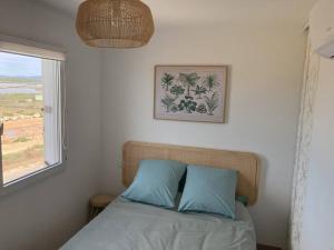 a bed with two blue pillows in a bedroom with a window at Tropical Duplex : Bord de mer + Piscine in Frontignan
