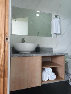 een badkamer met een wastafel, een spiegel en handdoeken bij Villa Tanager in Fortuna