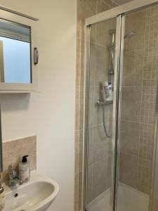 een badkamer met een douche en een wastafel bij Cosy bedroom with bathroom en suite in London Canary Wharf E14 in Londen