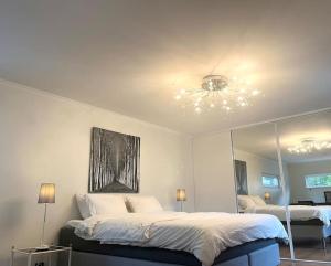 a bedroom with two beds and a ceiling fan at Elegant house Stockholm in Stockholm +2 photos