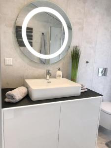 ein Badezimmer mit einem weißen Waschbecken und einem Spiegel in der Unterkunft Ferienhaus in Rohrbach An Der Gölsen mit Garten, Grill und Terrasse in Rohrbach An Der Gölsen