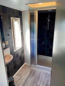 La salle de bains est pourvue d'une douche et d'un lavabo. dans l'établissement Mobilheim Zuidlaren, à Tynaarlo