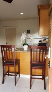 two wooden chairs in a kitchen with a counter at Home Away From Home in Nassau