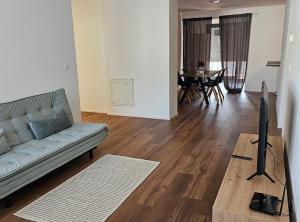 sala de estar con sofá y TV. en Lugano CASA NOSTRA guesthouse, en Paradiso