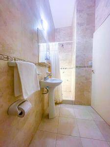 y baño con lavabo y ducha. en Nuevo Hotel Bristol en Santiago del Estero