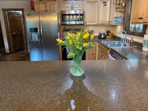 un jarrón de flores amarillas en un mostrador en una cocina en Resurrection Peaks Lodge, en Seward