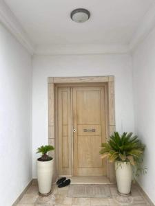 two potted plants in front of a wooden door at Villa lucky in Hammamet