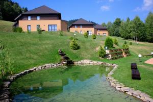 a house on a hill with a pond in the yard at Puenta Aparthotel in Krynica Zdrój