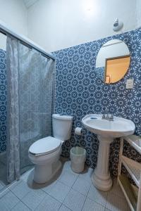 La salle de bains est pourvue de toilettes, d'un lavabo et d'une douche. dans l'établissement Hotel Patio Pombo, à Oaxaca