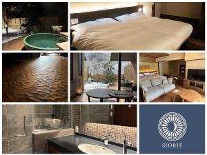 a collage of photos with a bed and a bathroom at Keiryuso Siorie in Matsumoto