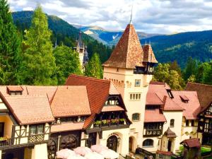 a castle in the middle of a town with mountains at Complex La Tunuri - Vila Economat in Sinaia