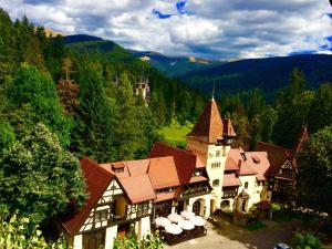 an aerial view of a castle in the mountains at Complex La Tunuri - Vila Economat in Sinaia