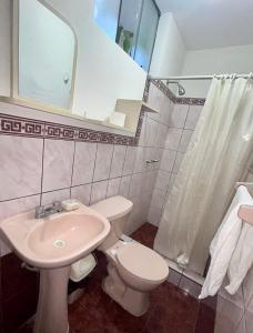 a bathroom with a toilet and a sink and a shower at Villa Salluzzi Apart Hotel in Tacna