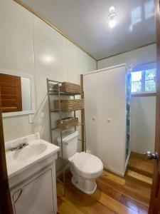 La salle de bains blanche est pourvue de toilettes et d'un lavabo. dans l'établissement Cashew Tree Cabana - Small Cosy, Close to the Beach., à Placencia