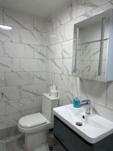 a white bathroom with a toilet and a sink at Stylish entire 2bed apartment in London