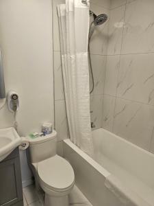 a white bathroom with a toilet and a shower at Mountain View Hope Motel in Hope