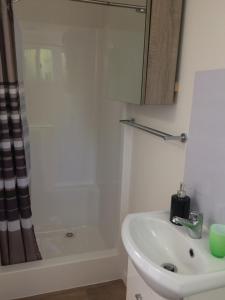 a white bathroom with a sink and a shower at Entire Self-Contained Cabin on the Beautiful Mountain in Mount Tamborine