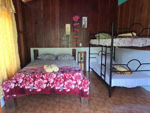 San Rafael的住宿－Posada Rio Celeste in，一间卧室,床上有粉红色的鲜花