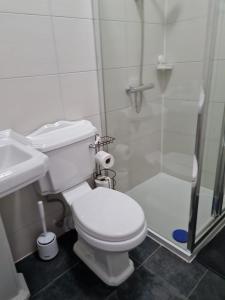 a white bathroom with a toilet and a shower at Scotland Street, Newton Heath in Manchester