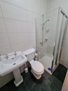 a bathroom with a toilet and a shower and a sink at Scotland Street, Newton Heath in Manchester
