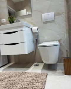 un bagno con un water bianco e un lavandino di New modern Tirana apartment a Tirana