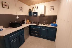 una pequeña cocina con armarios azules y fregadero en Gite Mon Ti caze Goyaves en Saint-Joseph