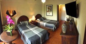 a hotel room with two beds and a television at Aurora Suites in Guadalajara