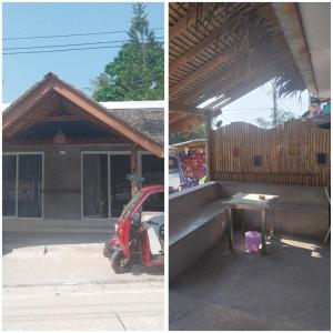 two pictures of a house with a scooter parked outside at Koh Tao Townhouse in Koh Tao