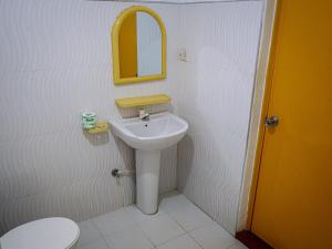 a bathroom with a sink and a mirror and a toilet at The White House in Trincomalee