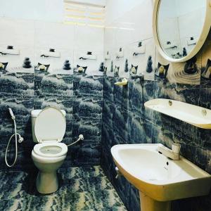 een badkamer met een toilet, een wastafel en een spiegel bij Thissawewa Guest in Anuradhapura