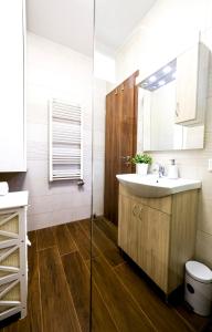 W łazience znajduje się umywalka i lustro. w obiekcie Silver Home Apartman "A" w mieście Balatonalmádi