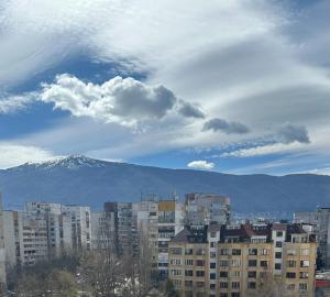 Blick auf eine Stadt mit Gebäuden und einem Berg in der Unterkunft Rose's apartment , self check-in, close to metro in Sofia