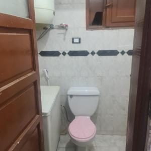 uma casa de banho com um WC cor-de-rosa e um lavatório. em شقة مفروشة غرفتين بمدخل مستقل em Kafr Abū Dabbūs