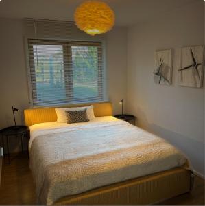 a bedroom with a large bed in front of a window at Fewo Spectrum in Überlingen