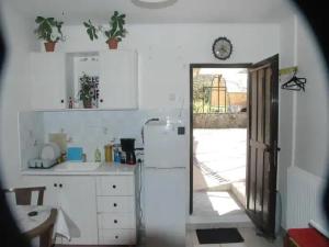 una cucina con frigorifero e una porta che conduce a un cortile. di Room in Studio - Independent room for 2 people a Patra