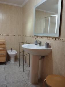 y baño con lavabo, espejo y aseo. en Acogedor Apartamento Céntrico en La Puebla de Valverde