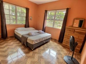 a bedroom with a bed and a dresser and two windows at Mountain View Family Home In Town With King Suite in San Ignacio