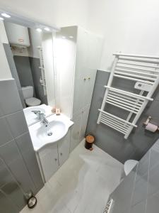 een badkamer met een wastafel en een spiegel bij T3 De Charme - avec clim, parking et piscine in Le Lavandou