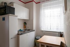a small kitchen with a sink and a table at Hostel Senftenberg in Senftenberg