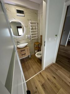 een badkamer met een toilet, een wastafel en een spiegel bij Pokoje przy Kawiarence in Rewa