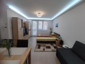 salon z łóżkiem i kanapą w obiekcie Hatvan Corner Apartments 2 w Debreczynie