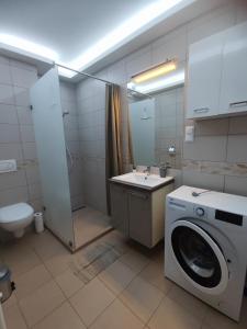 ein Badezimmer mit einer Waschmaschine und einer Waschmaschine in der Unterkunft Hatvan Corner Apartments 2 in Debrecen