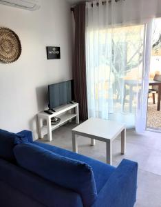 ein Wohnzimmer mit einem blauen Sofa und einem TV in der Unterkunft CHAMBRE D'HÔTES "Le petit Valadas" à 7km d'UZES in Serviers-et-Labaume