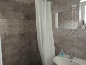 y baño con cortina de ducha y lavamanos. en Ibolya Apartman Debrecen kertvárosàban, en Debrecen