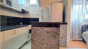 a kitchen with a counter with a sink and a refrigerator at Apartman Porfido in Mostar
