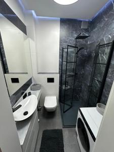 a bathroom with a toilet sink and a shower at Eros Gdynia, Śródmieście in Gdynia