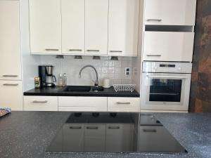 een keuken met witte kasten, een wastafel en een fornuis bij Une escapade au cœur de Tours in Tours +5 foto's