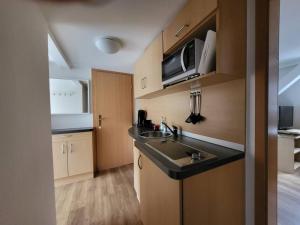 una pequeña cocina con fregadero y microondas en 2-Zimmer-Apartment mit Aussicht!, en Stuttgart